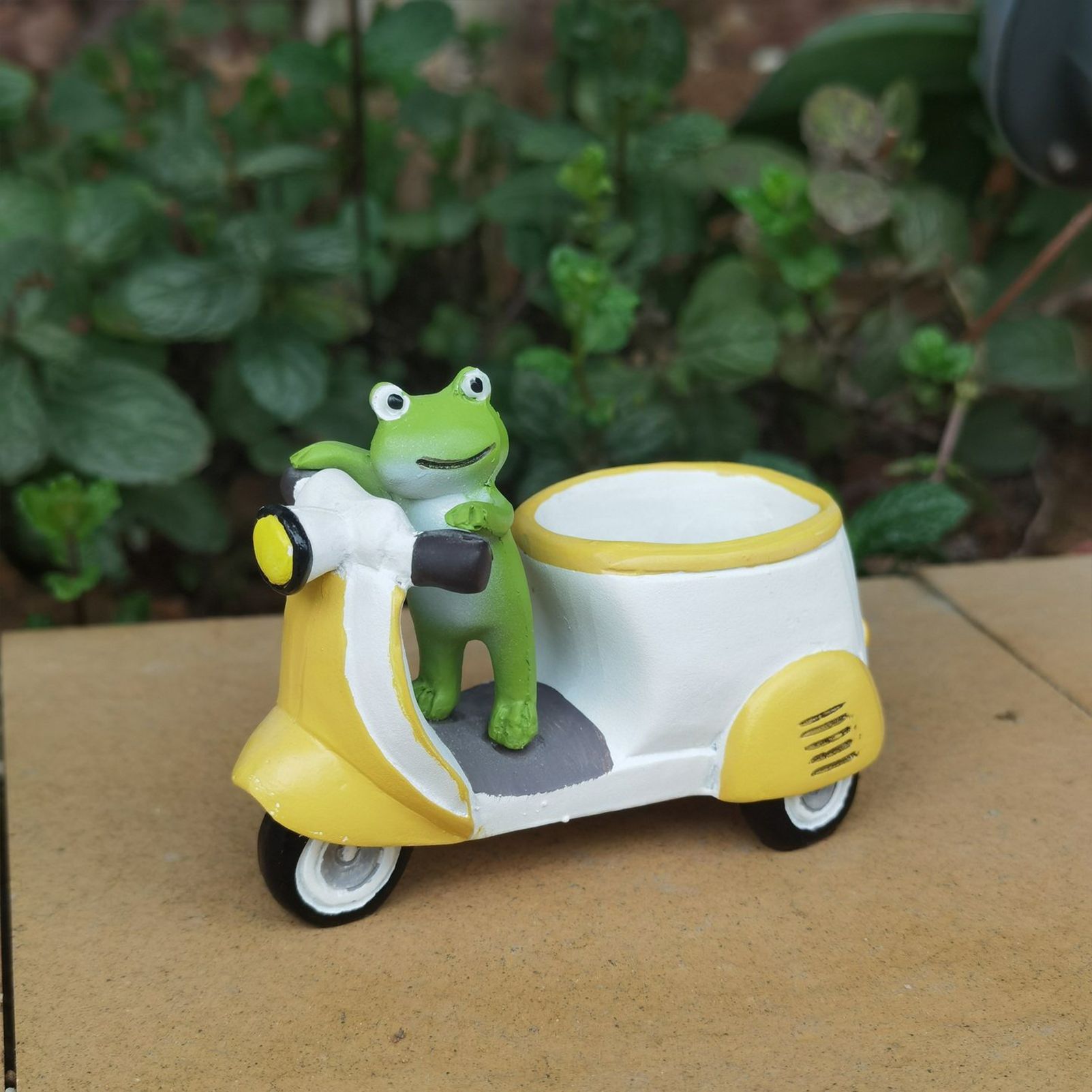 Cute Frog on Motorcycle Resin Planter - Mini Scooter Flower Pot for Succulents, Cacti, or Small Plants - Adorable Garden, Desktop, or Home Decor (Green Frog ) - Image 2