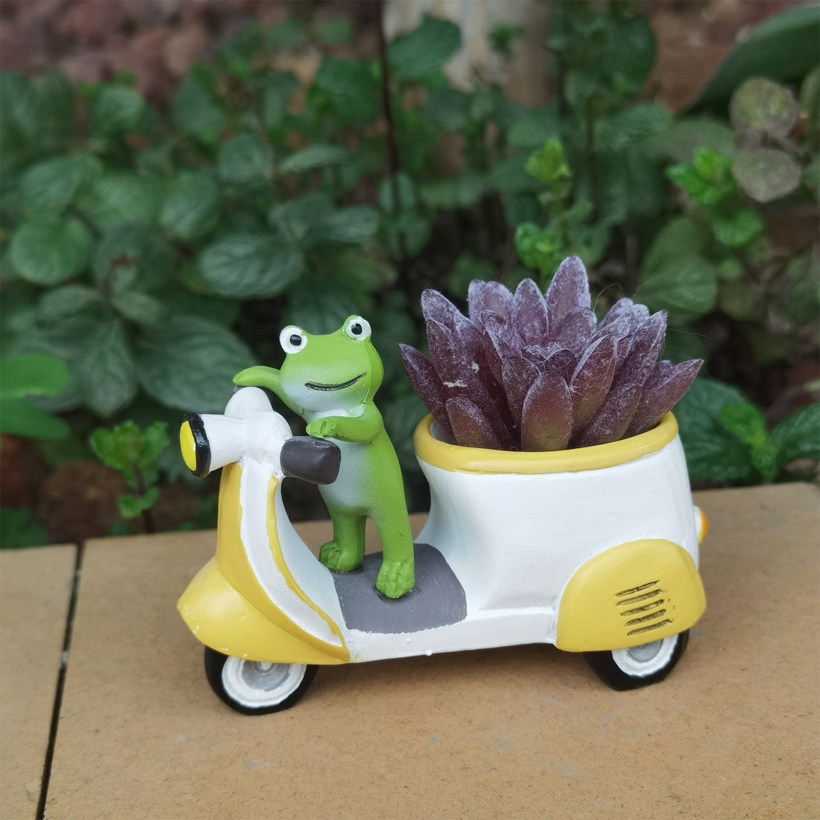 Cute Frog on Motorcycle Resin Planter - Mini Scooter Flower Pot for Succulents, Cacti, or Small Plants - Adorable Garden, Desktop, or Home Decor (Green Frog ) - Image 3
