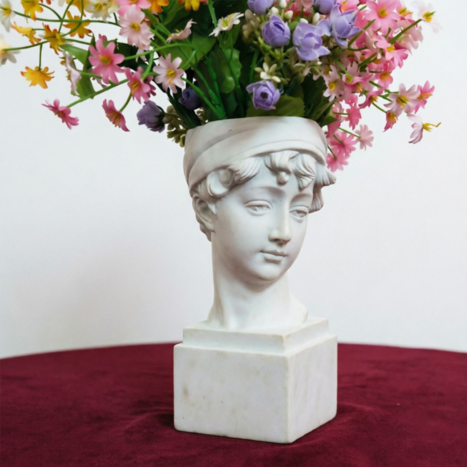 Elegant Girl with a Headscarf Resin Bust Sculpture Flower Vase - Classic European Style Figurine for Home Decor, Art Studio, or Office Desk - Perfect for Sketching, Photography, and Shelf Display (White) - Image 2