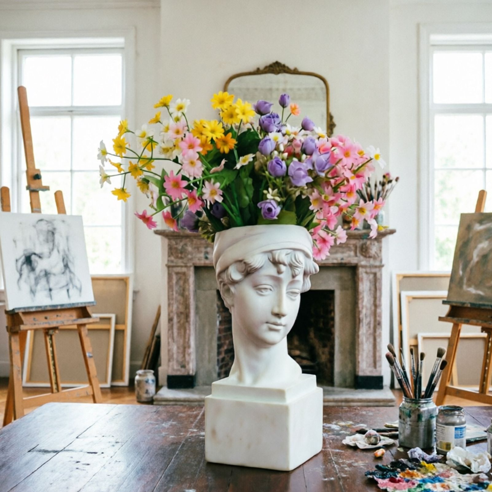 Elegant Girl with a Headscarf Resin Bust Sculpture Flower Vase - Classic European Style Figurine for Home Decor, Art Studio, or Office Desk - Perfect for Sketching, Photography, and Shelf Display (White) - Image 3