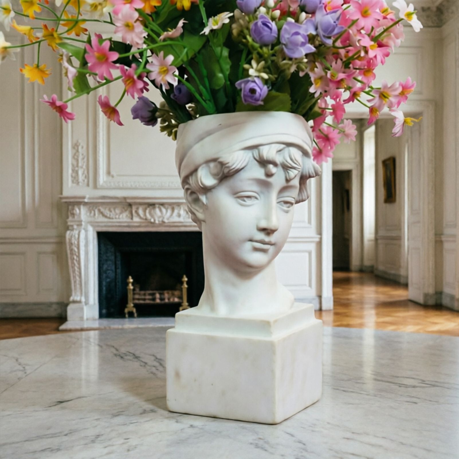 Elegant Girl with a Headscarf Resin Bust Sculpture Flower Vase - Classic European Style Figurine for Home Decor, Art Studio, or Office Desk - Perfect for Sketching, Photography, and Shelf Display (White) - Image 4