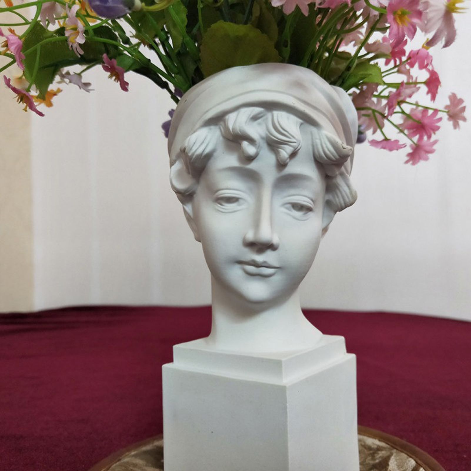Elegant Girl with a Headscarf Resin Bust Sculpture Flower Vase - Classic European Style Figurine for Home Decor, Art Studio, or Office Desk - Perfect for Sketching, Photography, and Shelf Display (White) - Image 5
