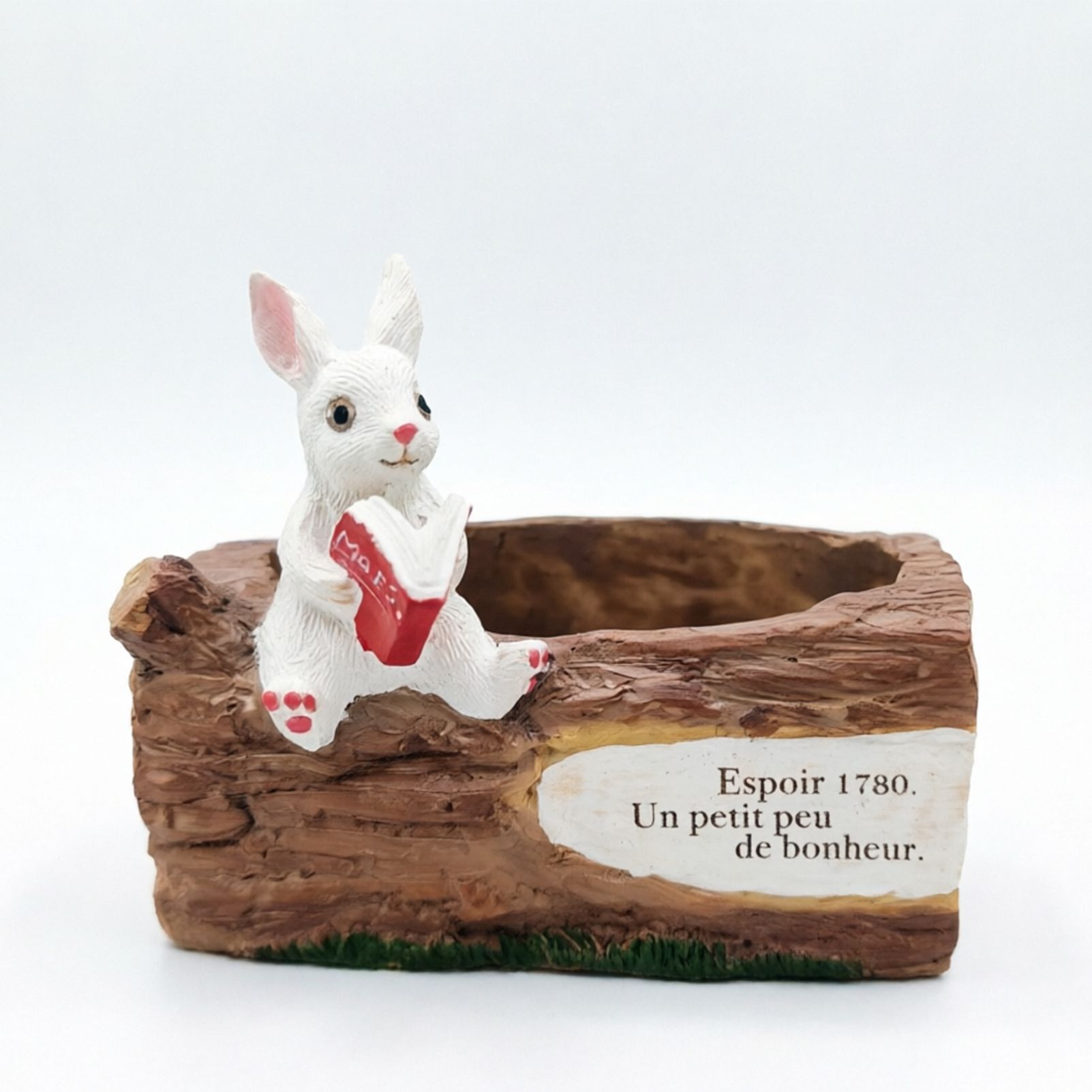 Whimsical Resin Bunny Planter - Cute Rabbit with Book on Tree Stump Design, Mini Succulent Pot for Indoor & Outdoor Garden Decor - Image 1