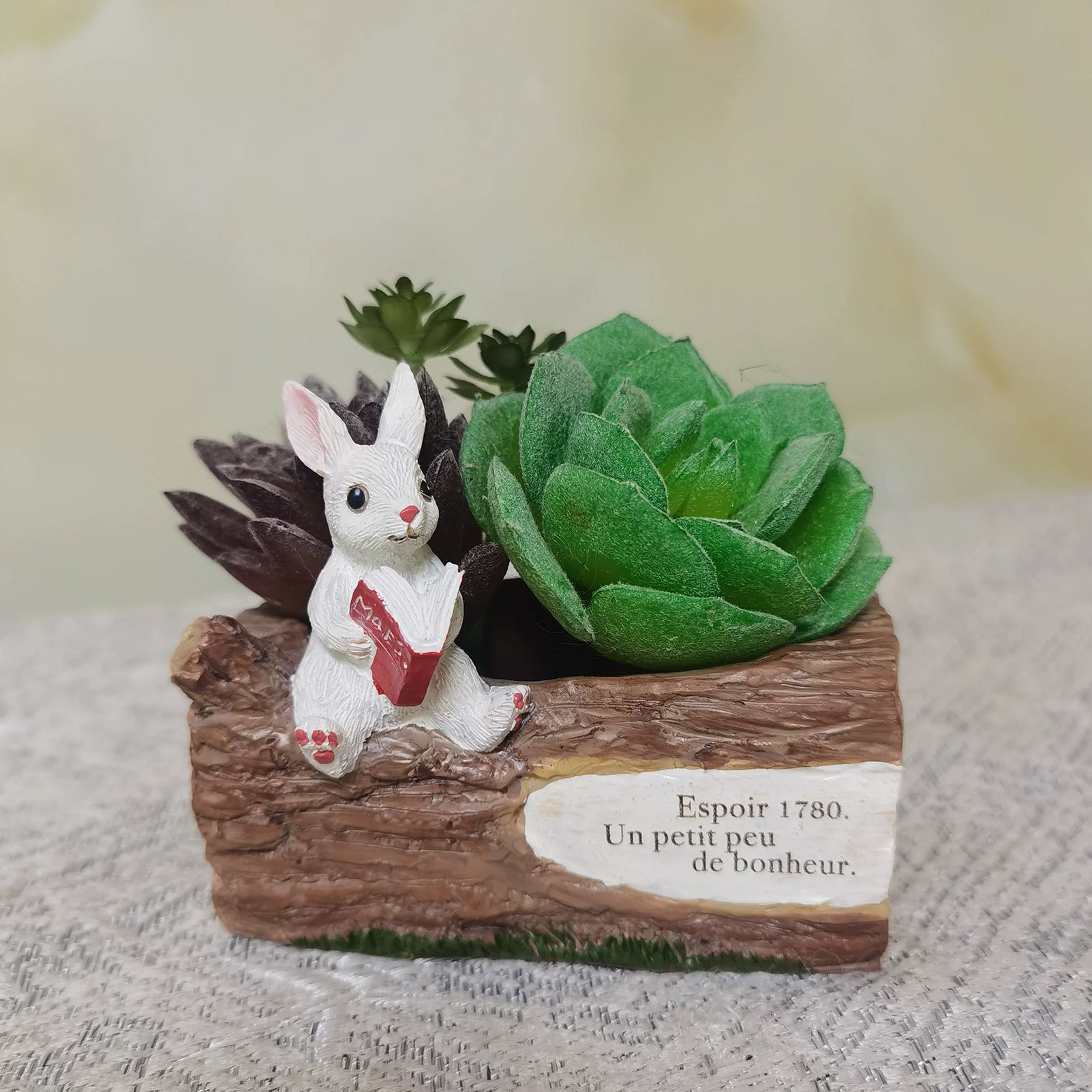 Whimsical Resin Bunny Planter - Cute Rabbit with Book on Tree Stump Design, Mini Succulent Pot for Indoor & Outdoor Garden Decor - Image 2