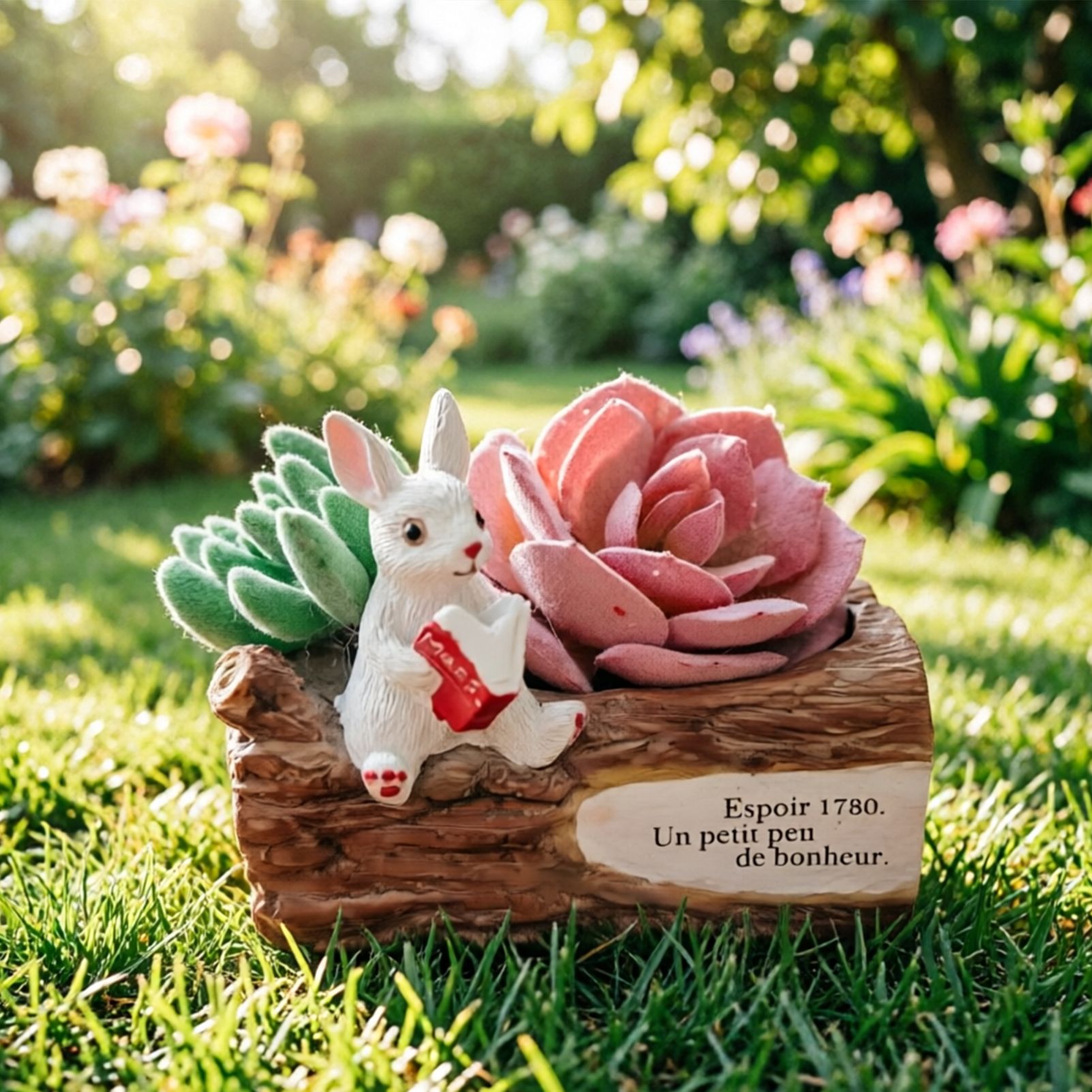 Whimsical Resin Bunny Planter - Cute Rabbit with Book on Tree Stump Design, Mini Succulent Pot for Indoor & Outdoor Garden Decor - Image 3