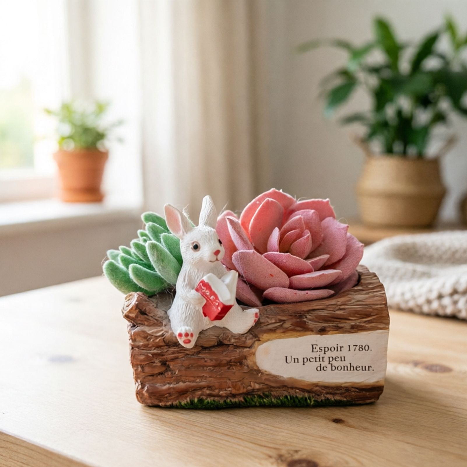 Whimsical Resin Bunny Planter - Cute Rabbit with Book on Tree Stump Design, Mini Succulent Pot for Indoor & Outdoor Garden Decor - Image 4