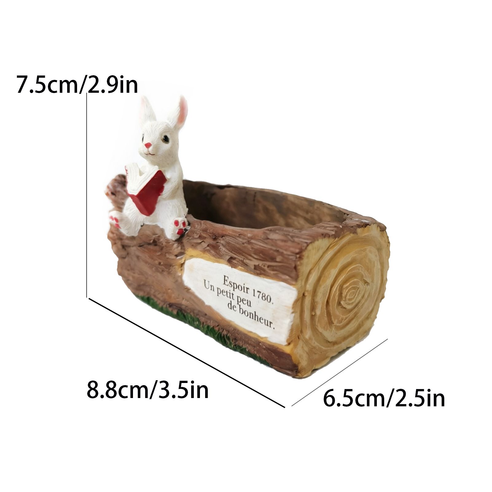 Whimsical Resin Bunny Planter - Cute Rabbit with Book on Tree Stump Design, Mini Succulent Pot for Indoor & Outdoor Garden Decor - Image 5