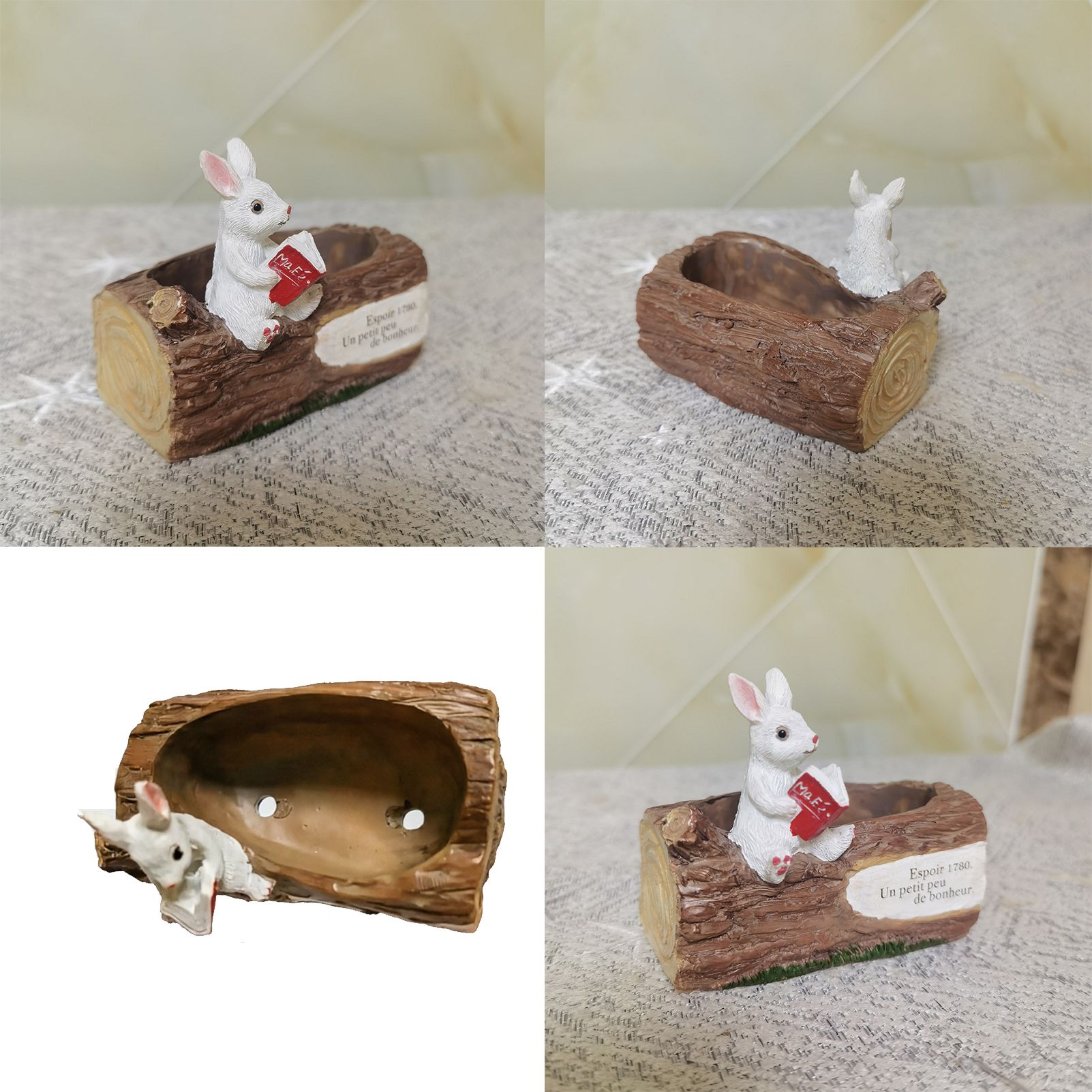 Whimsical Resin Bunny Planter - Cute Rabbit with Book on Tree Stump Design, Mini Succulent Pot for Indoor & Outdoor Garden Decor - Image 6