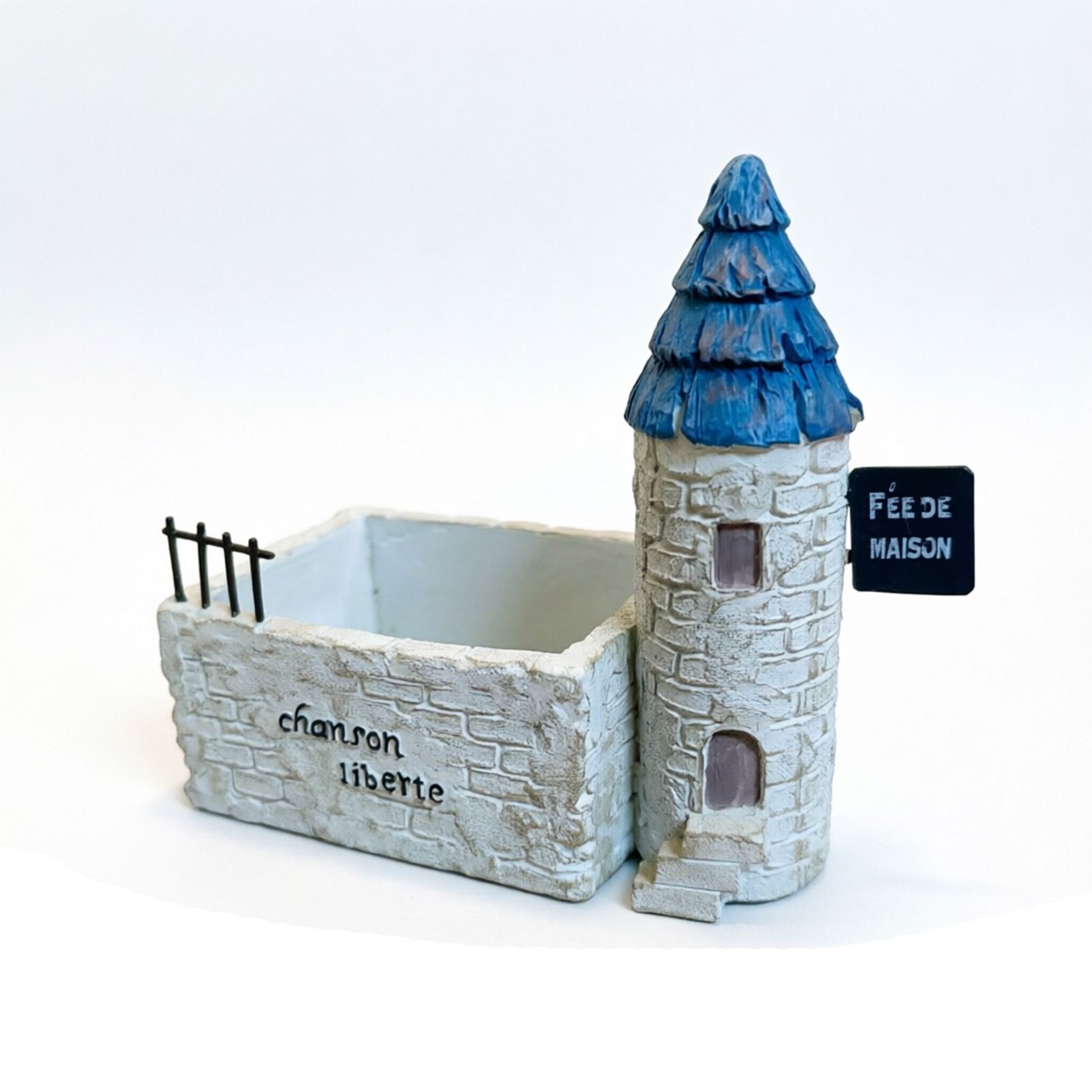Mini French Country Tower House Planter with Blue-Tiled Tower – Handcrafted Resin Succulent Pot with Drainage, Decor for Desk, Patio, Windowsill & Shelf - Image 1