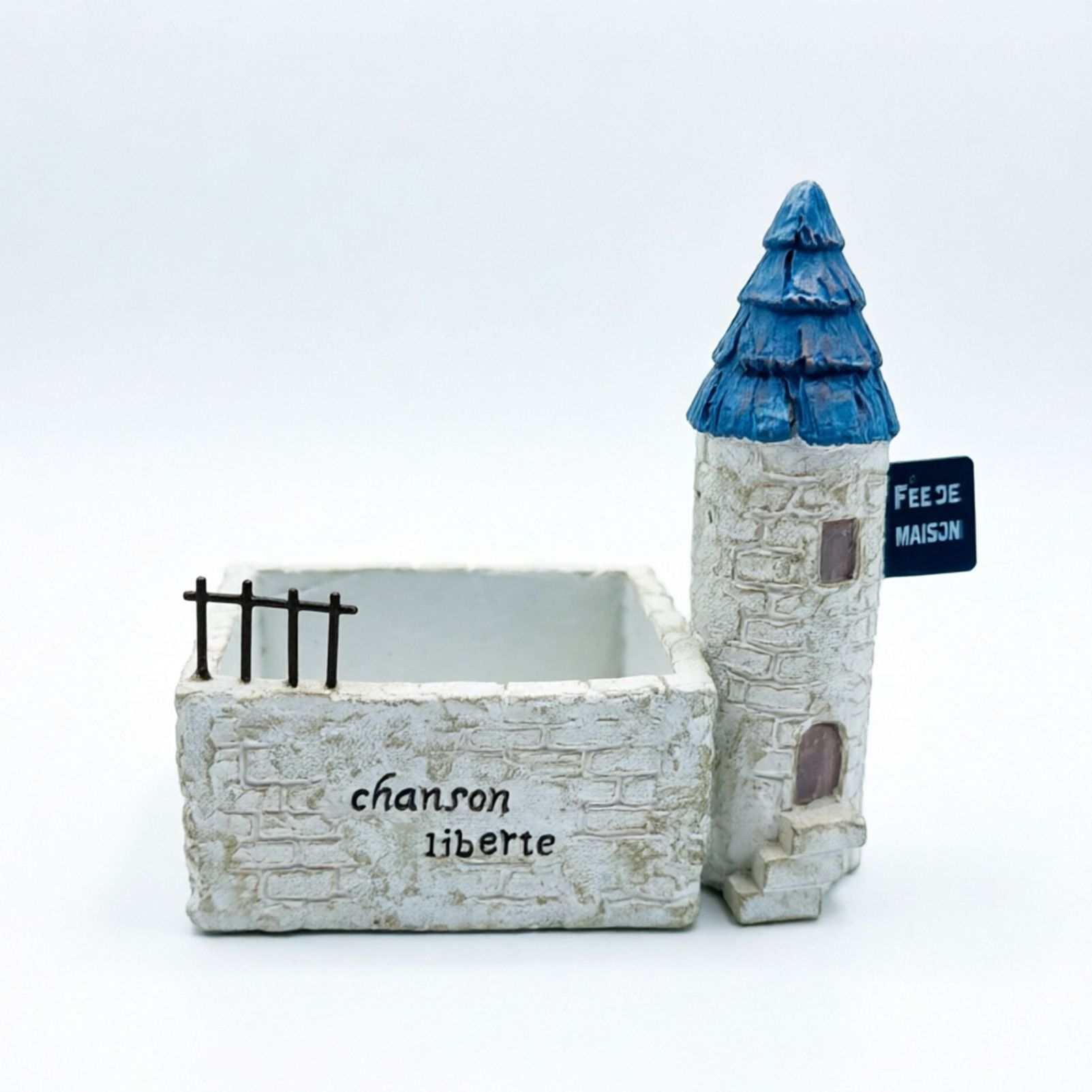 Mini French Country Tower House Planter with Blue-Tiled Tower – Handcrafted Resin Succulent Pot with Drainage, Decor for Desk, Patio, Windowsill & Shelf - Image 2