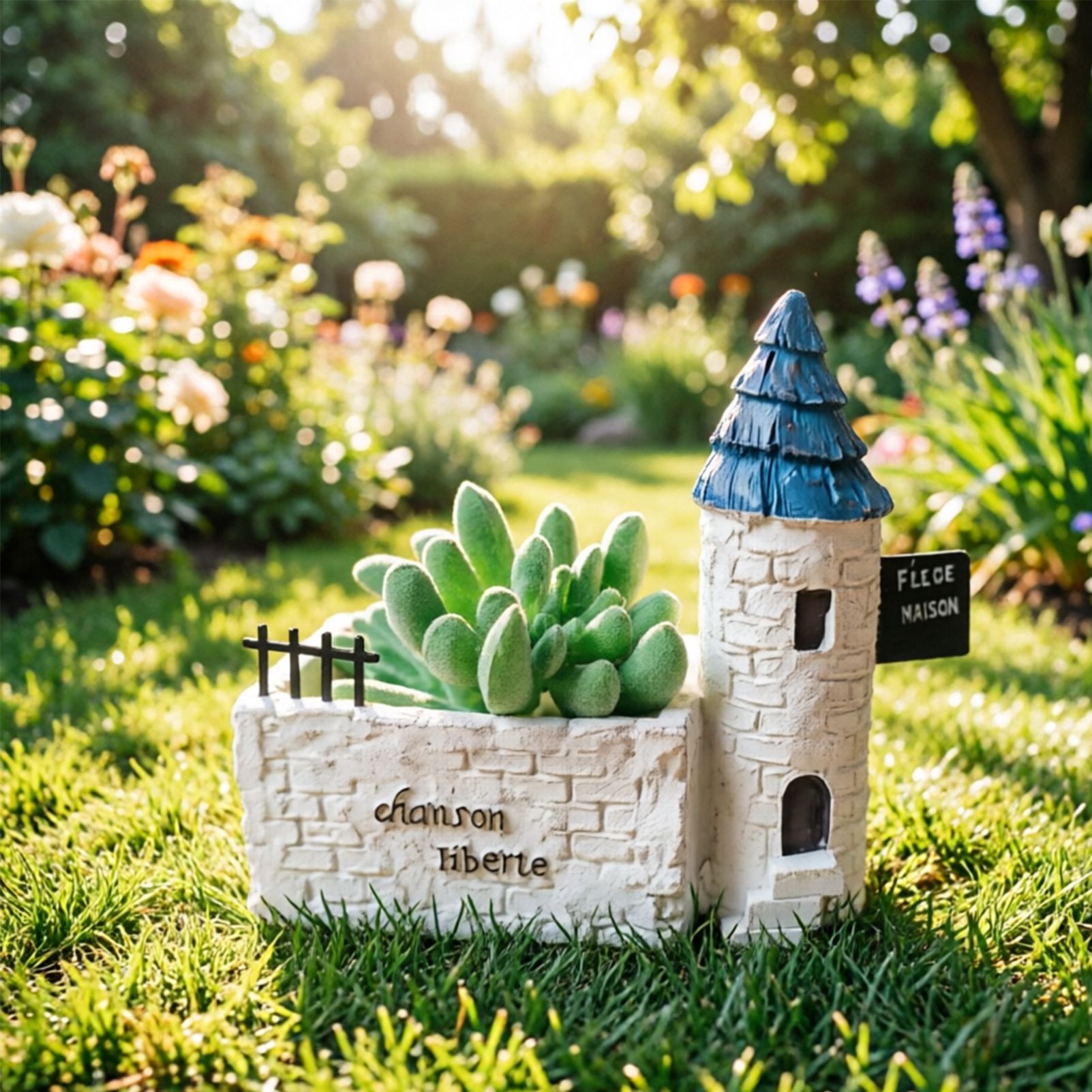 Mini French Country Tower House Planter with Blue-Tiled Tower – Handcrafted Resin Succulent Pot with Drainage, Decor for Desk, Patio, Windowsill & Shelf - Image 4