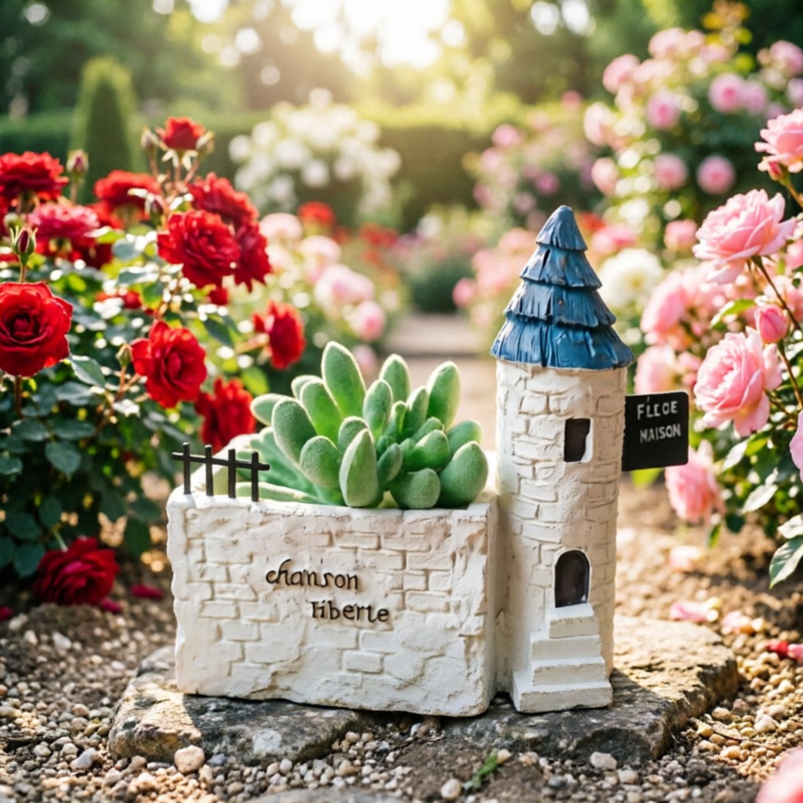 Mini French Country Tower House Planter with Blue-Tiled Tower – Handcrafted Resin Succulent Pot with Drainage, Decor for Desk, Patio, Windowsill & Shelf - Image 5