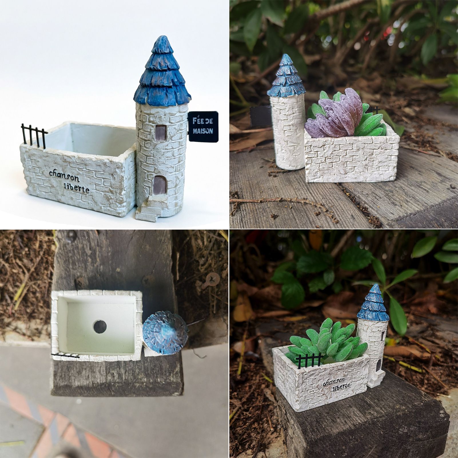 Mini French Country Tower House Planter with Blue-Tiled Tower – Handcrafted Resin Succulent Pot with Drainage, Decor for Desk, Patio, Windowsill & Shelf - Image 8