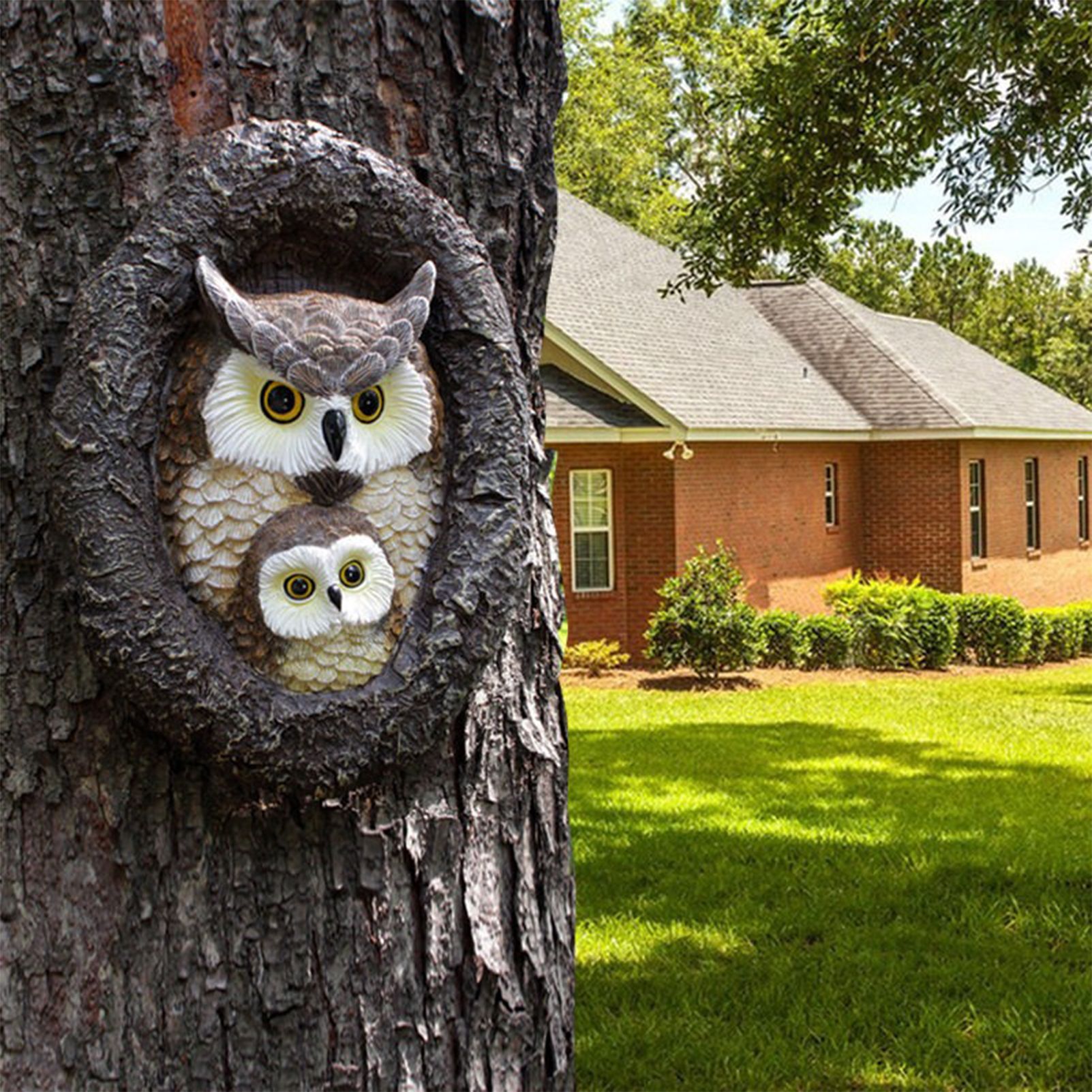 Owl with Tree Hole Statue – Weather-Resistant Resin Garden Decor with Natural Bark Texture – Outdoor Wall Hanging Ornament for Yard, Patio, and Forest Theme Decoration - Image 3