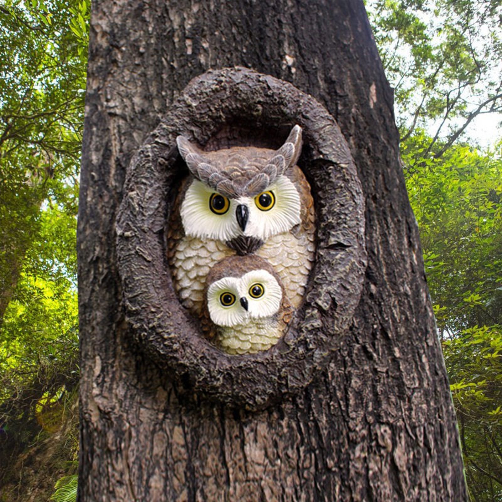Owl with Tree Hole Statue – Weather-Resistant Resin Garden Decor with Natural Bark Texture – Outdoor Wall Hanging Ornament for Yard, Patio, and Forest Theme Decoration - Image 4