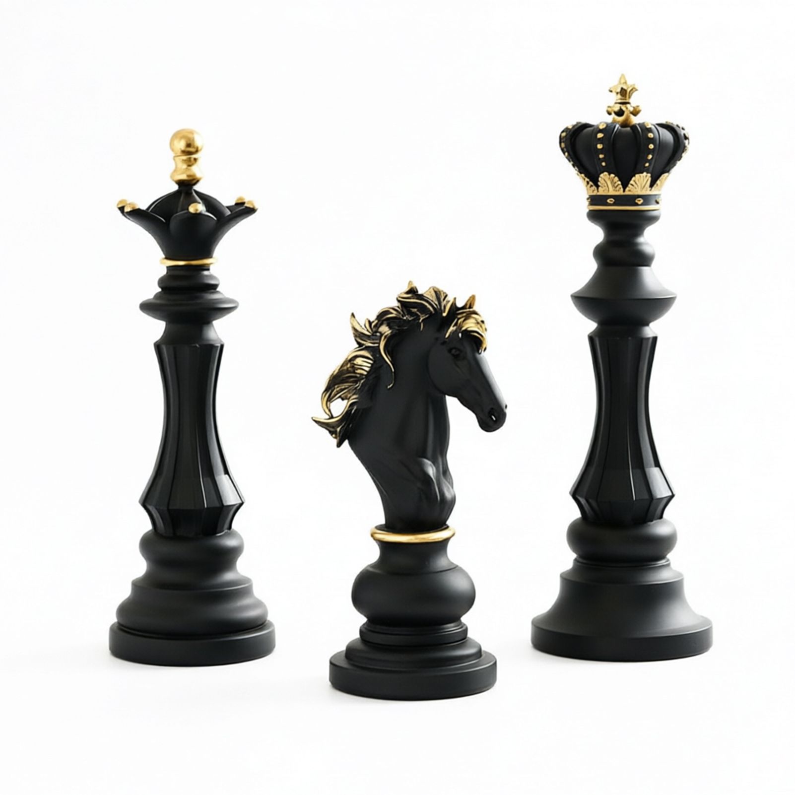 Luxury Resin Chess Piece Statues Set of 3 - King, Queen & Knight Horse Head Sculptures with Gold Trim - Classic Strategy Game Art Decor for Living Room, Study, Office & Bar Cabinet（Black） - Image 1