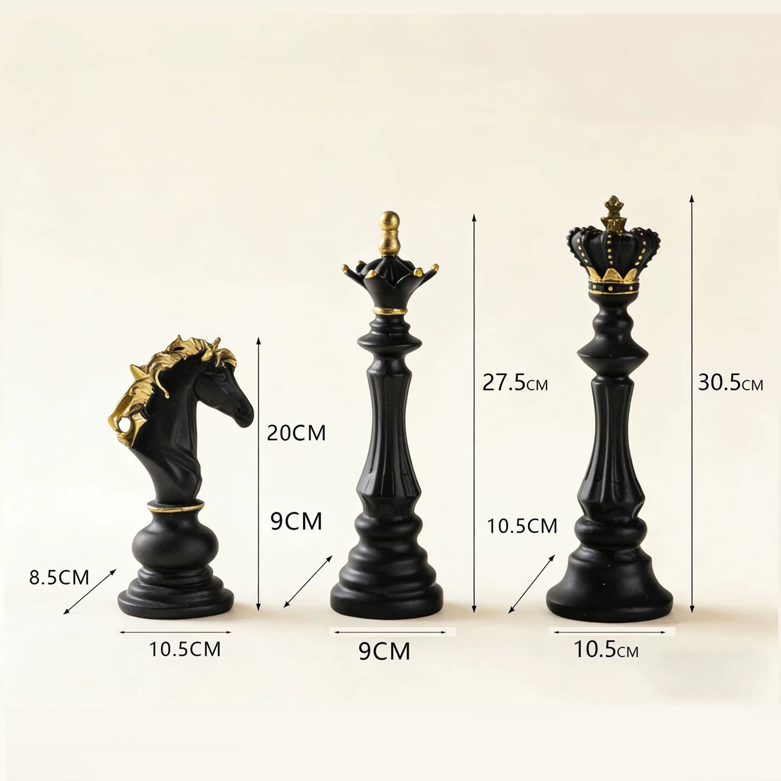 Luxury Resin Chess Piece Statues Set of 3 - King, Queen & Knight Horse Head Sculptures with Gold Trim - Classic Strategy Game Art Decor for Living Room, Study, Office & Bar Cabinet（Black） - Image 2