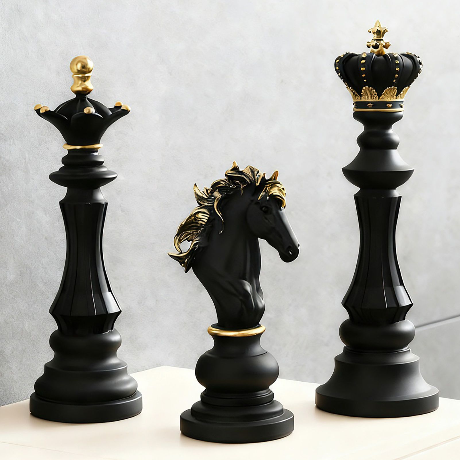 Luxury Resin Chess Piece Statues Set of 3 - King, Queen & Knight Horse Head Sculptures with Gold Trim - Classic Strategy Game Art Decor for Living Room, Study, Office & Bar Cabinet（Black） - Image 3