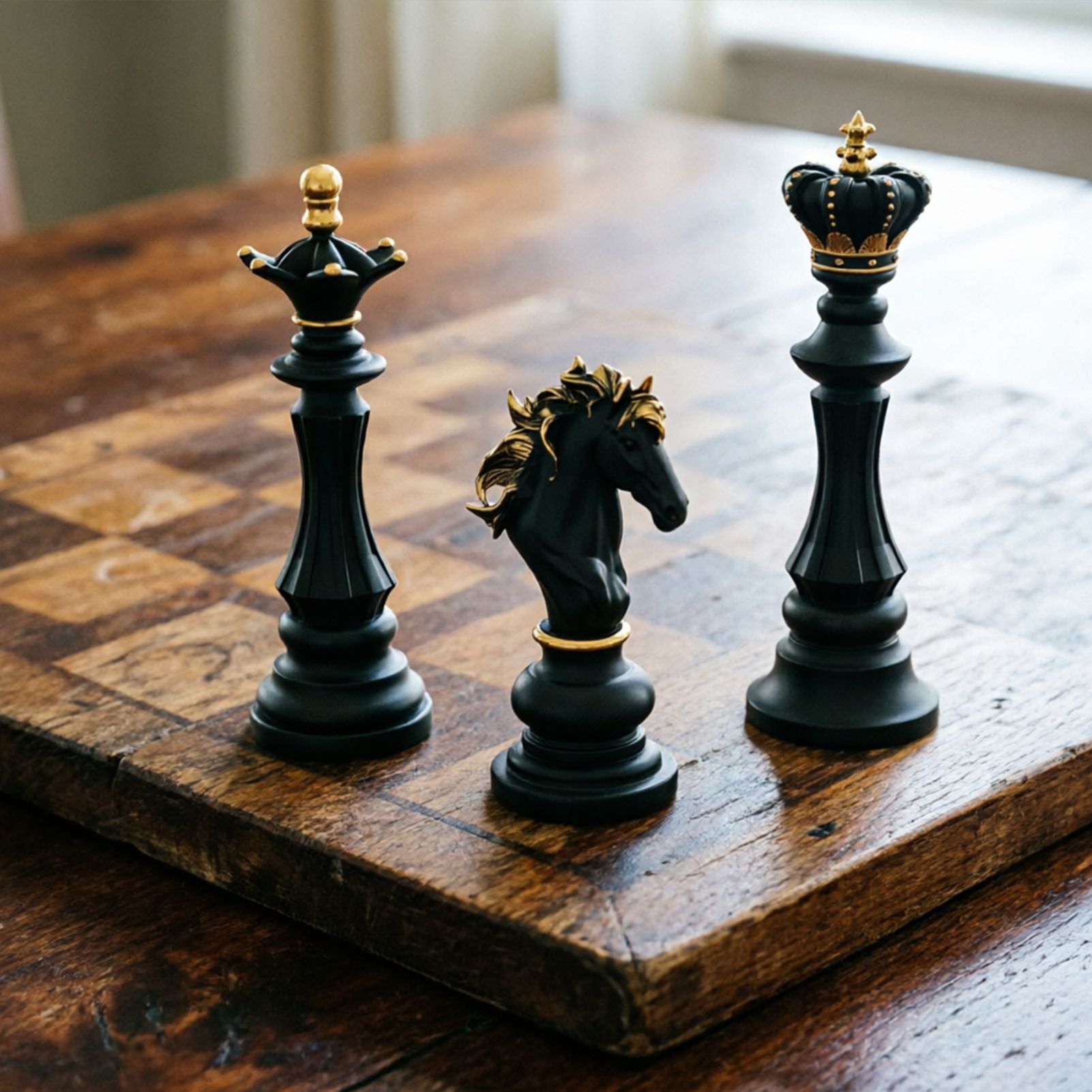 Luxury Resin Chess Piece Statues Set of 3 - King, Queen & Knight Horse Head Sculptures with Gold Trim - Classic Strategy Game Art Decor for Living Room, Study, Office & Bar Cabinet（Black） - Image 4