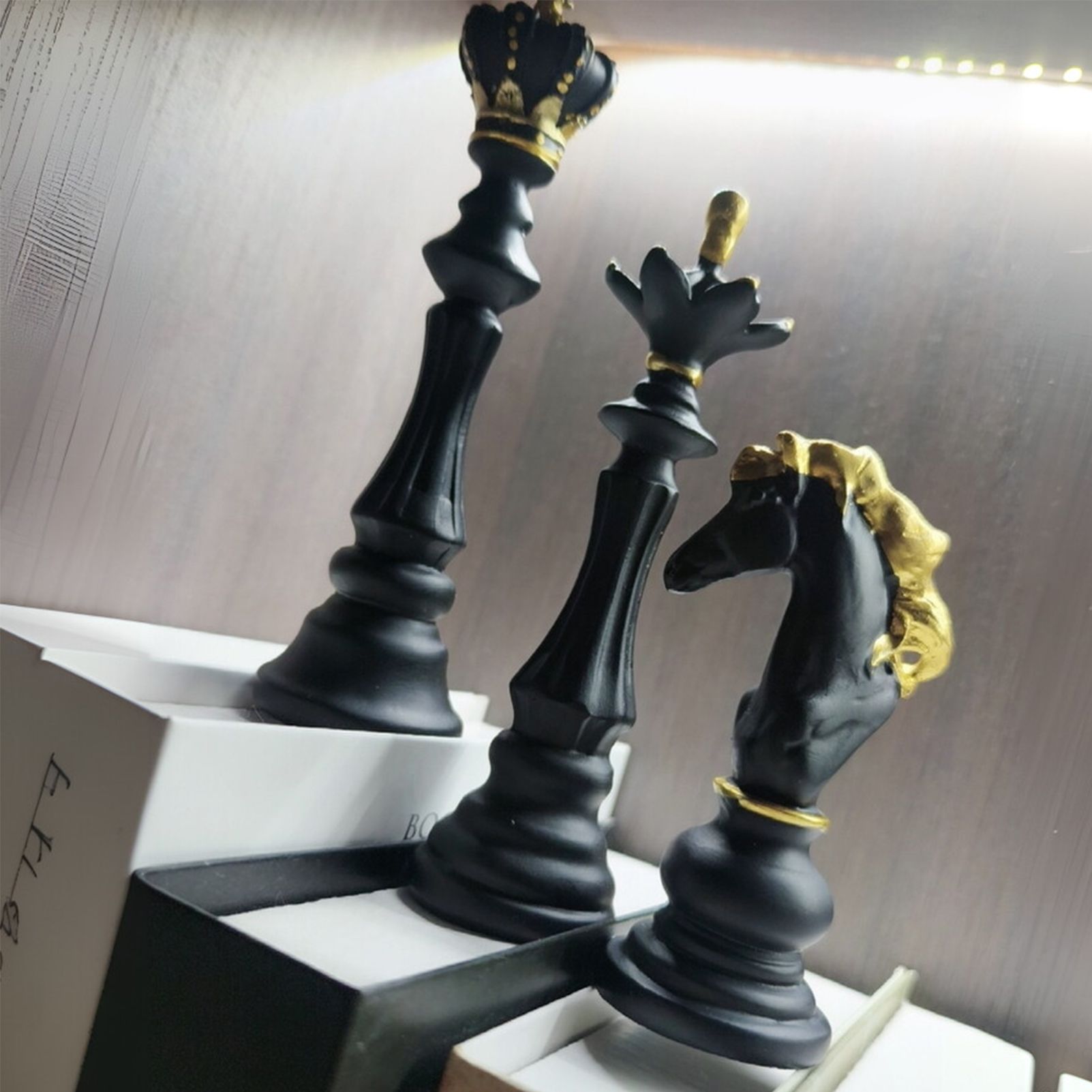 Luxury Resin Chess Piece Statues Set of 3 - King, Queen & Knight Horse Head Sculptures with Gold Trim - Classic Strategy Game Art Decor for Living Room, Study, Office & Bar Cabinet（Black） - Image 5