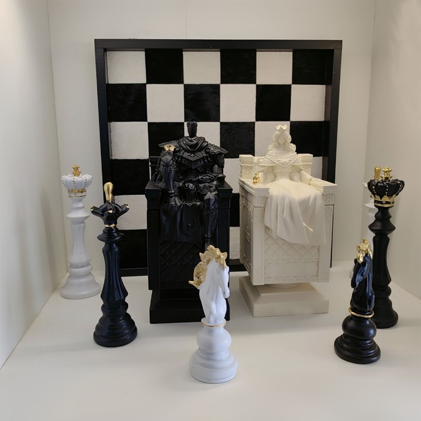 Luxury Resin Chess Piece Statues Set of 3 - King, Queen & Knight Horse Head Sculptures with Gold Trim - Classic Strategy Game Art Decor for Living Room, Study, Office & Bar Cabinet（Black） - Image 6