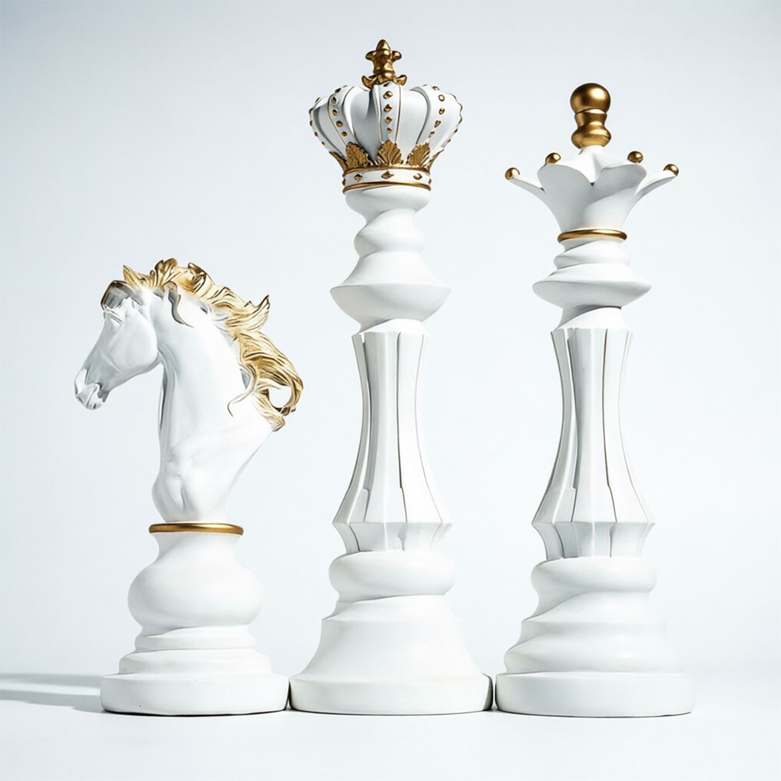 Luxury Resin Chess Piece Statues Set of 3 - King, Queen & Knight Horse Head Sculptures with Gold Trim - Classic Strategy Game Art Decor for Living Room, Study, Office & Bar Cabinet（White） - Image 1