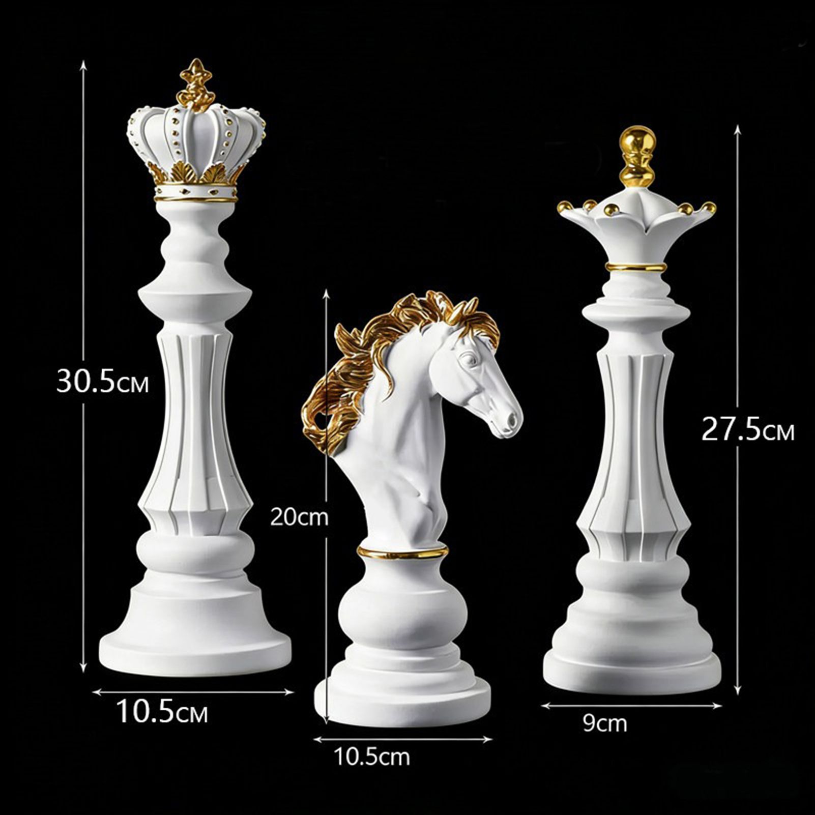 Luxury Resin Chess Piece Statues Set of 3 - King, Queen & Knight Horse Head Sculptures with Gold Trim - Classic Strategy Game Art Decor for Living Room, Study, Office & Bar Cabinet（White） - Image 2