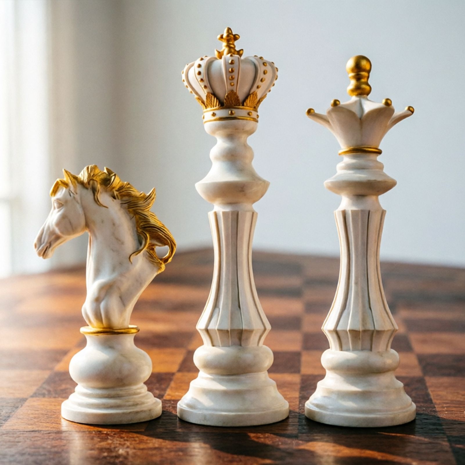 Luxury Resin Chess Piece Statues Set of 3 - King, Queen & Knight Horse Head Sculptures with Gold Trim - Classic Strategy Game Art Decor for Living Room, Study, Office & Bar Cabinet（White） - Image 3