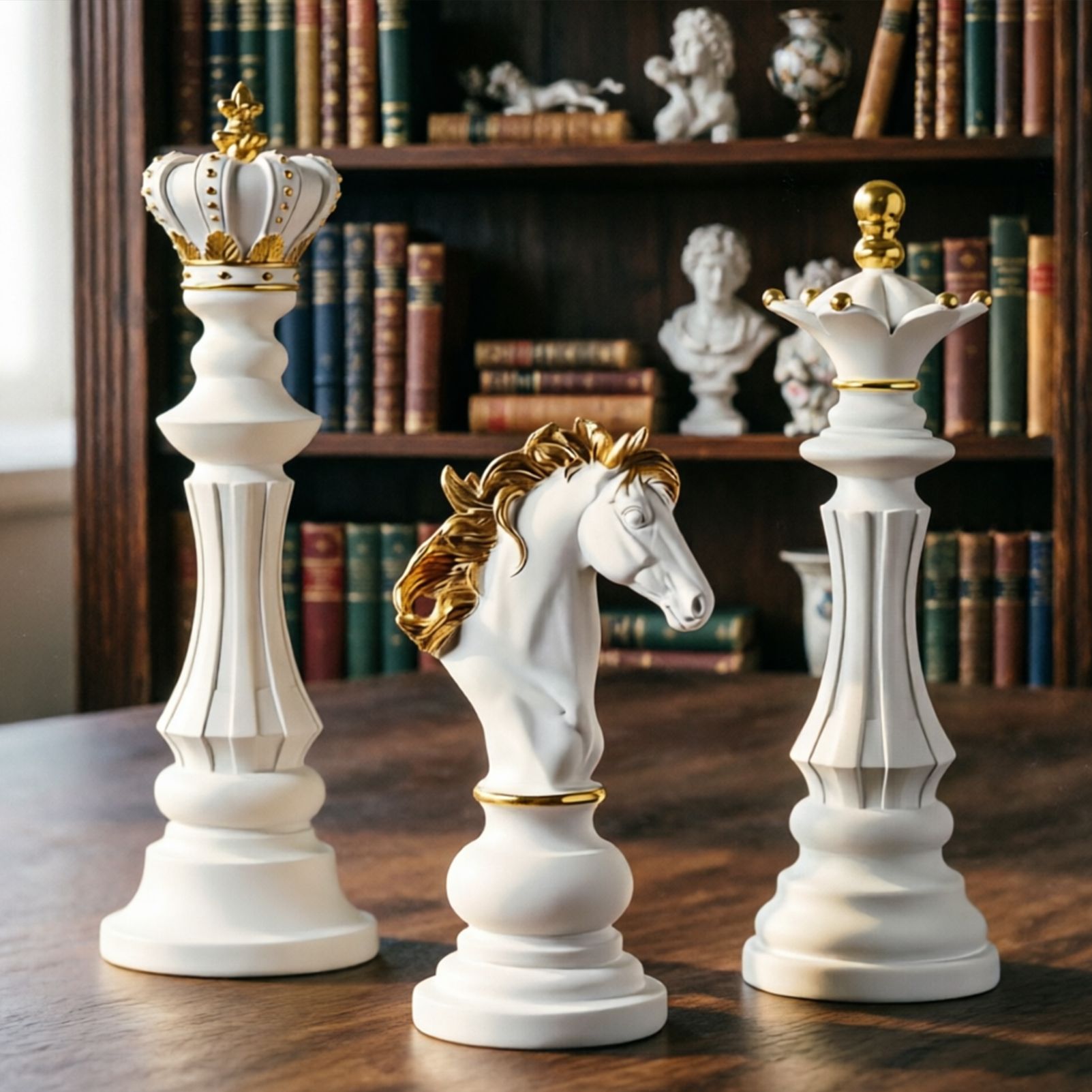 Luxury Resin Chess Piece Statues Set of 3 - King, Queen & Knight Horse Head Sculptures with Gold Trim - Classic Strategy Game Art Decor for Living Room, Study, Office & Bar Cabinet（White） - Image 4