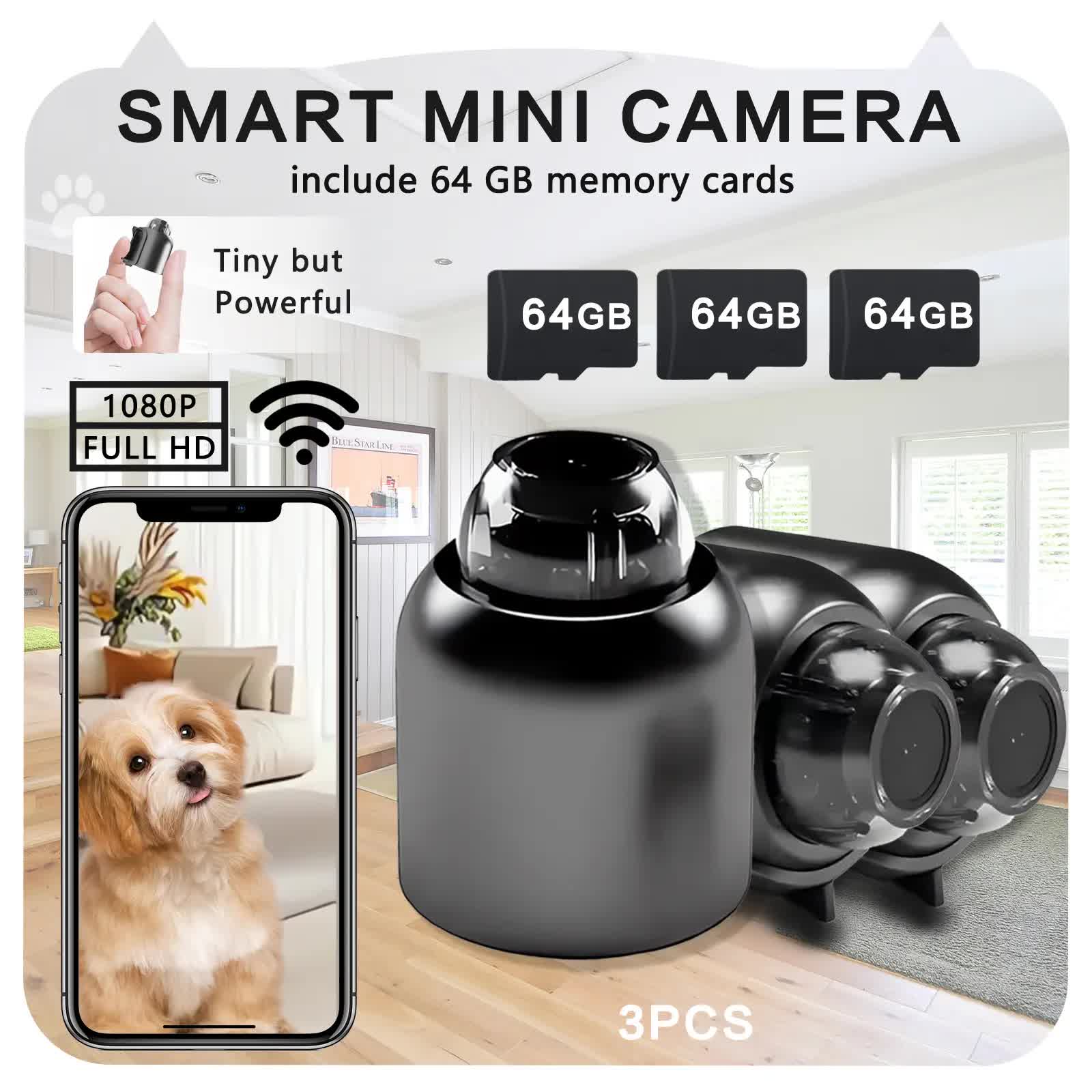 3pcs Mini Wireless Surveillance Camera with 2.4G WiFi, HD 1080P, Supports 64GB Cards, Night Vision, Audio, USB Power, Remote View, Wide-angle, Easy To Carry, for Home, Pet, Bedroom, Black Fridays.（Optional monitoring card set） - Image 1