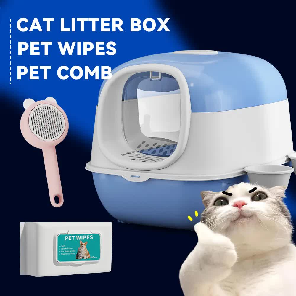 Huge 56cm Cat Litter Box Bundle with Free Pet Comb & 80 Wipes, Hooded Enclosed Potty with Drawer, Anti-Splashing Cat Toilet Cleaning Kit for Big Cats - Image 1