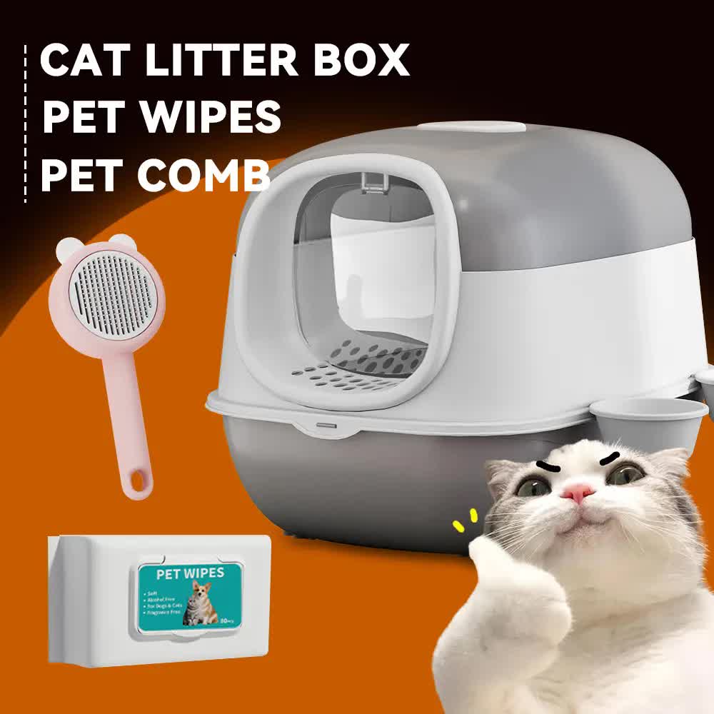 Huge 56cm Cat Litter Box Bundle with Free Pet Comb & 80 Wipes, Hooded Enclosed Potty with Drawer, Anti-Splashing Cat Toilet Cleaning Kit for Big Cats - Image 1