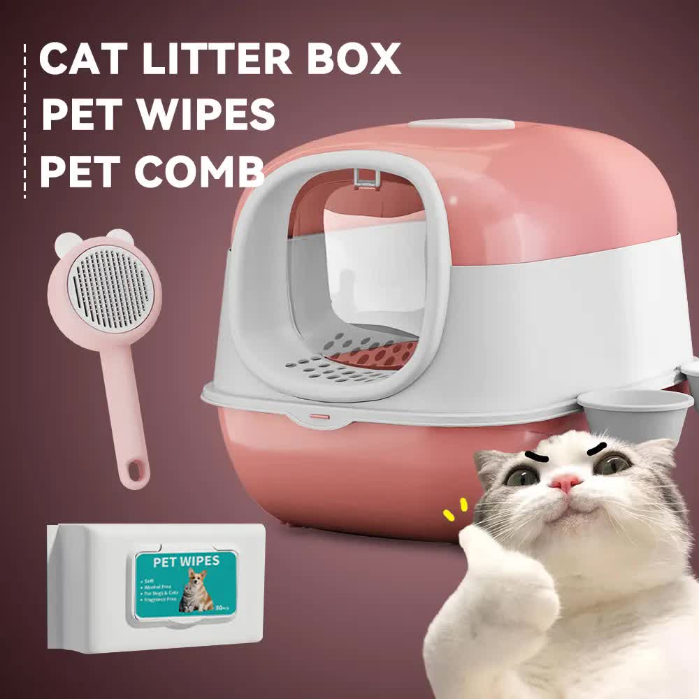 Huge 56cm Cat Litter Box Bundle with Free Pet Comb & 80 Wipes, Hooded Enclosed Potty with Drawer, Anti-Splashing Cat Toilet Cleaning Kit for Big Cats - Image 1