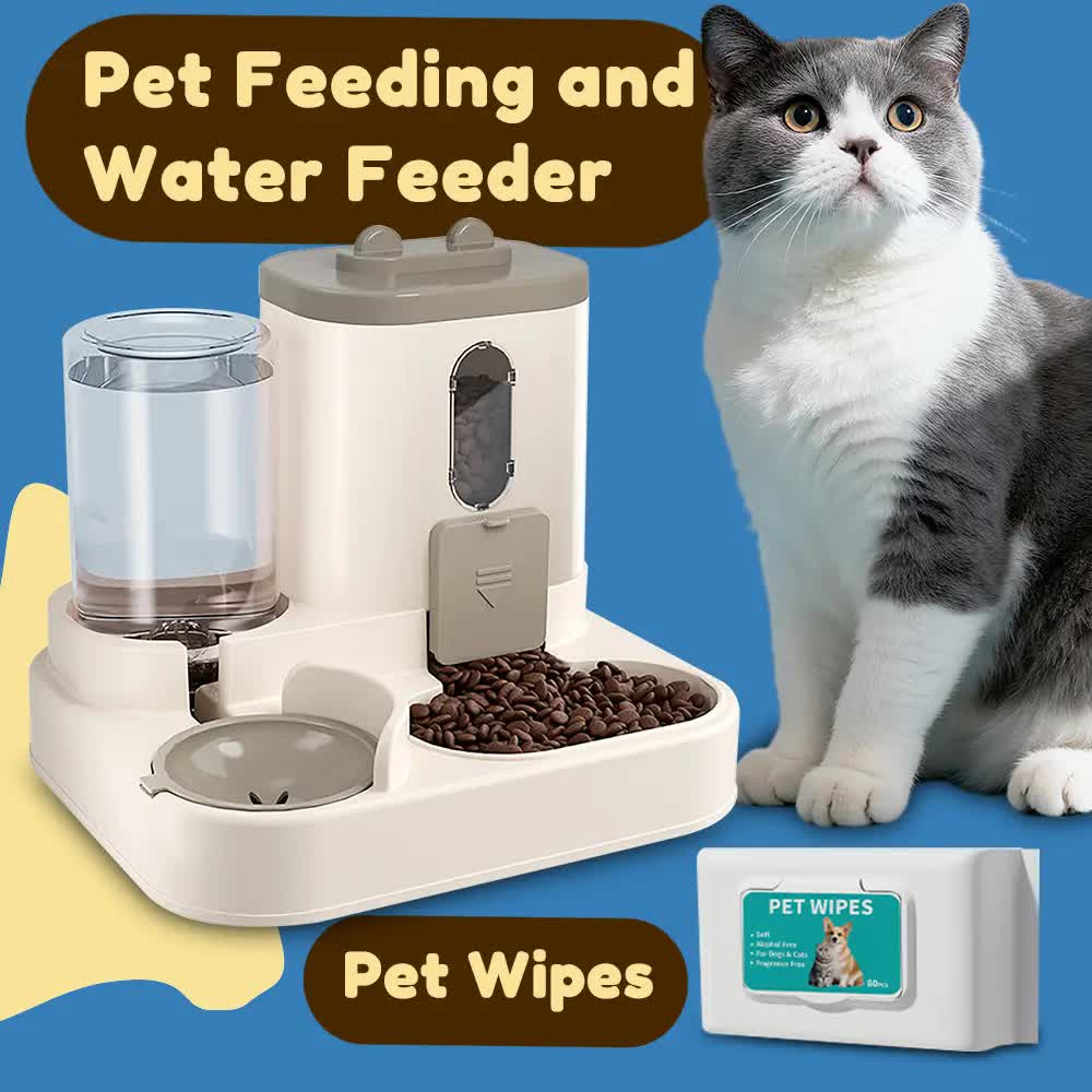 2-in-1 Automatic Pet Feeder Water Dispenser, Large Capacity Cat Dog Food Bowl with Auto Refill, Anti-clog Dry Wet Separation Pet Feeding Station + Free Pet Wipes - Image 1