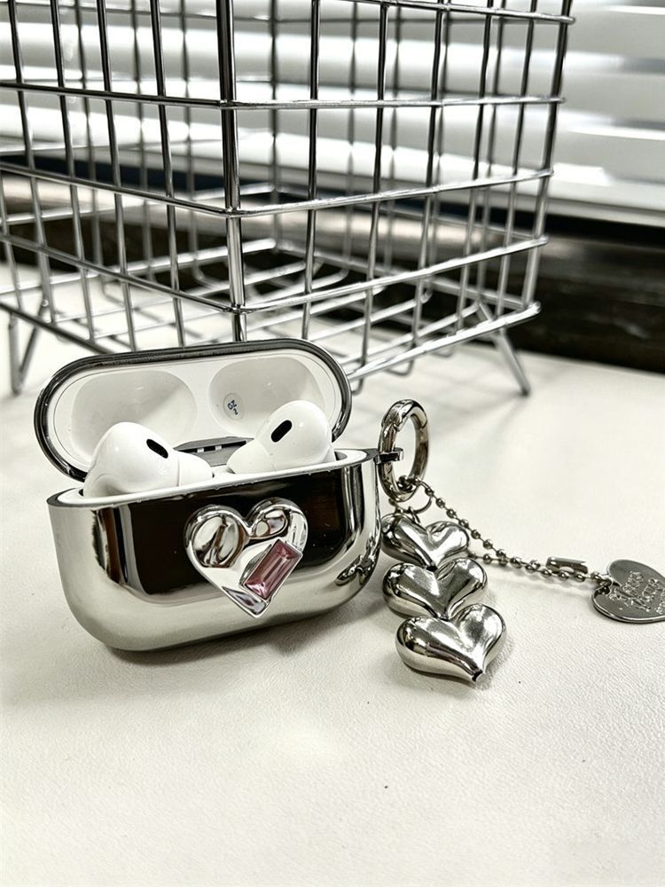 AirPods Pro Textured Silver Heart Electroplated Case + 3 Heart Charms - Image 2