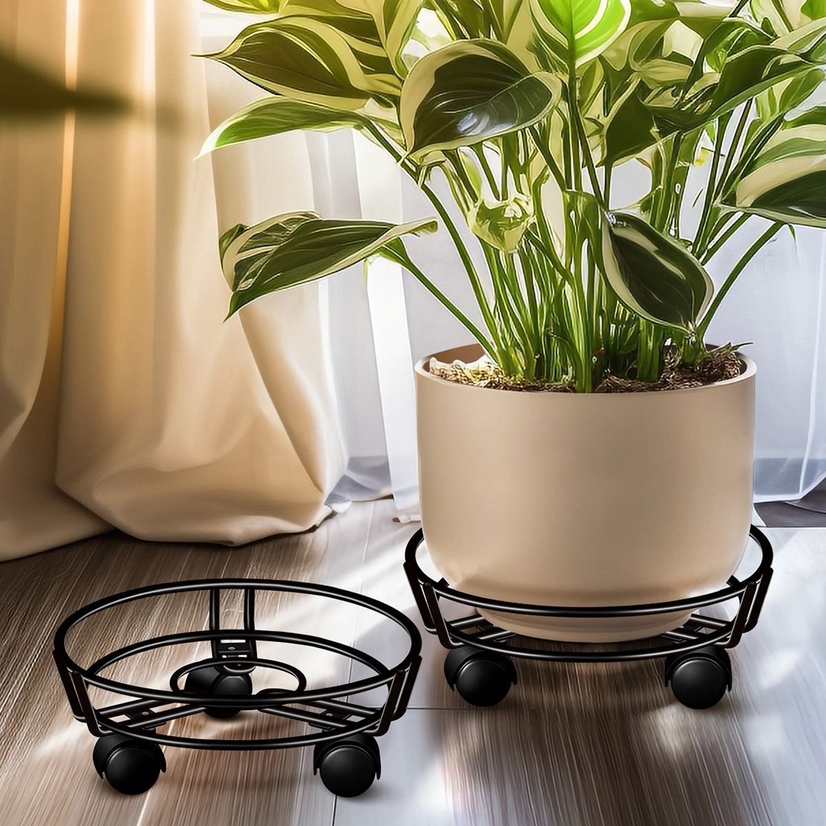 Black Round Movable Plant Caddy with Wheels - Image 3