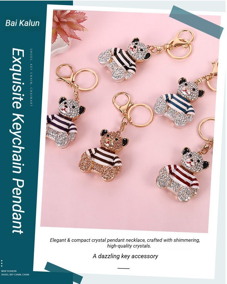 Blue Stripe Crystal Bear Keychain Cute Alloy Keyring Gift 2-Pack - Image 3