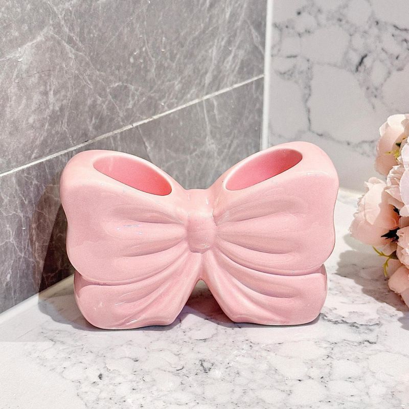 Bowknot Double‑Slot Toothbrush Storage Holder - Pink - Image 1