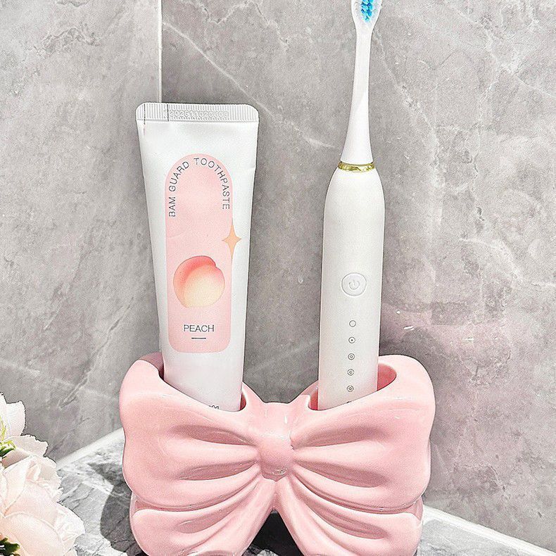 Bowknot Double‑Slot Toothbrush Storage Holder - Pink - Image 2