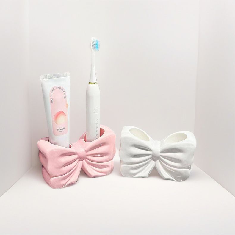 Bowknot Double‑Slot Toothbrush Storage Holder - Pink - Image 3