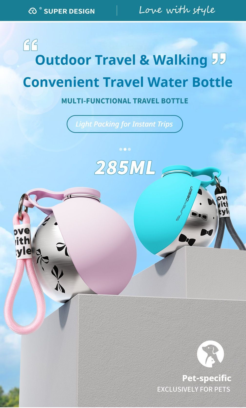 Pink Floral Print Xiaoman Portable Pet Water Bottle - Image 4