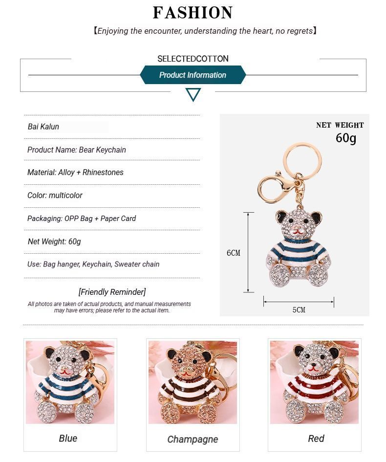 Red Stripe Crystal Bear Keychain Cute Alloy Keyring Gift 2-Pack - Image 4