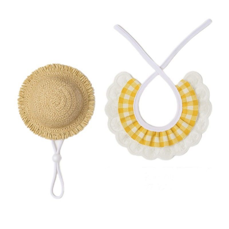 Straw Hat And Yellow Lace Bib - Image 2
