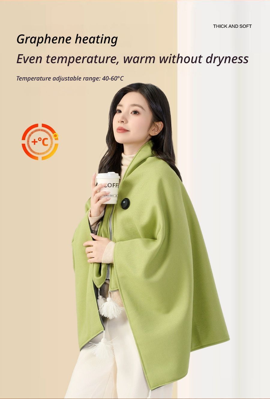 USB Washable Heated Shawl-No Power Bank Included-Green - Image 2