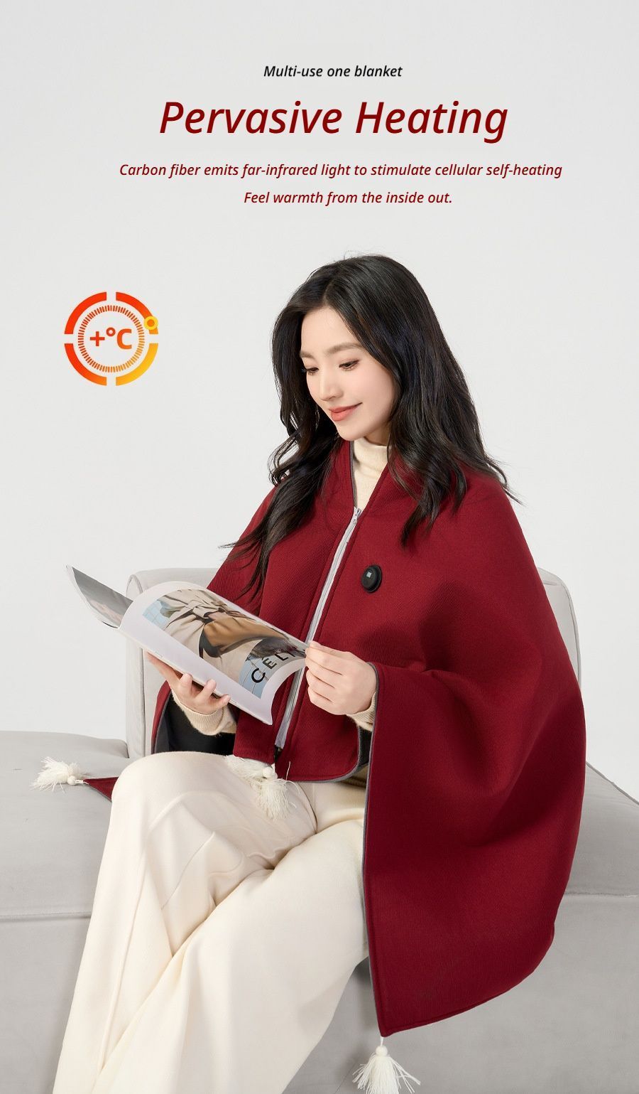 USB Washable Heated Shawl-No Power Bank Included-Red - Image 2