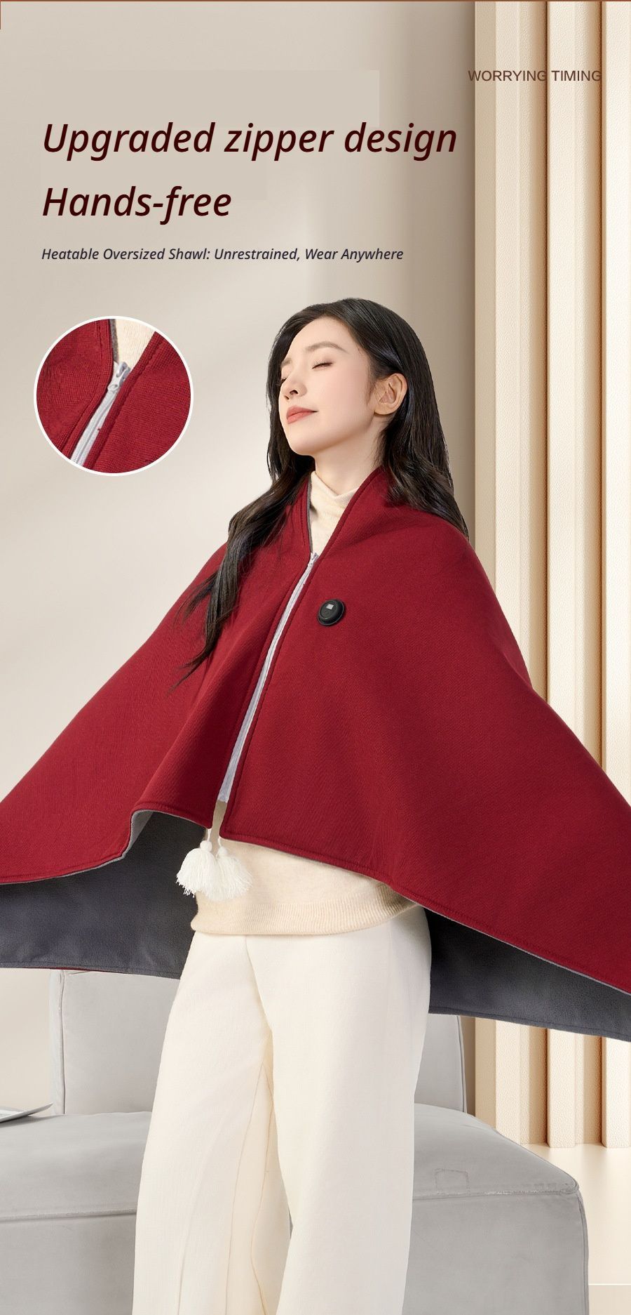 USB Washable Heated Shawl-No Power Bank Included-Red - Image 3