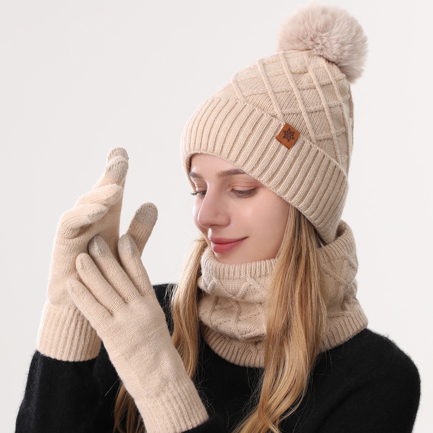 Women Beige Argyle 3-Piece Set-Hat Scarf and Gloves - Image 1