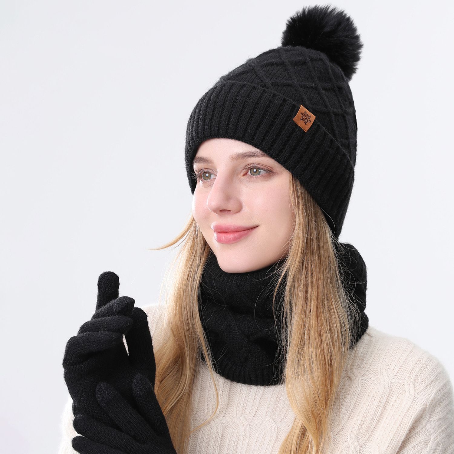 Women Black Argyle 3-Piece Set-Hat Scarf and Gloves - Image 1
