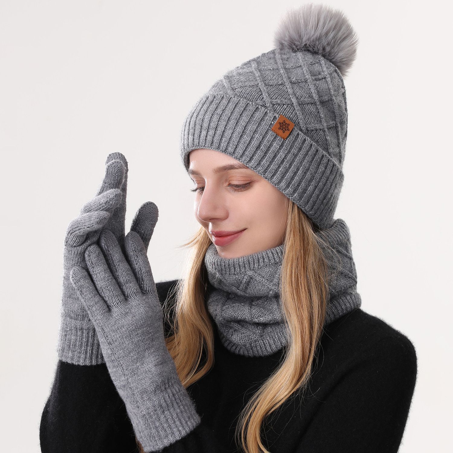 Women Gray Argyle 3-Piece Set-Hat Scarf and Gloves - Image 1
