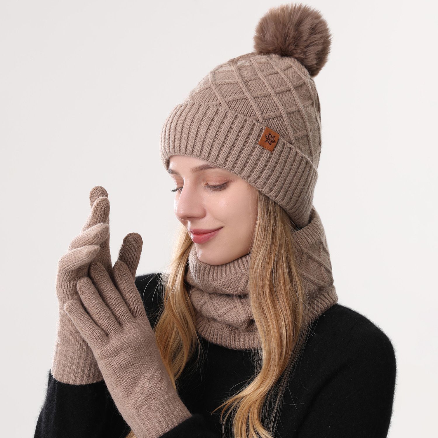Women Khaki Argyle 3-Piece Set-Hat Scarf and Gloves - Image 1